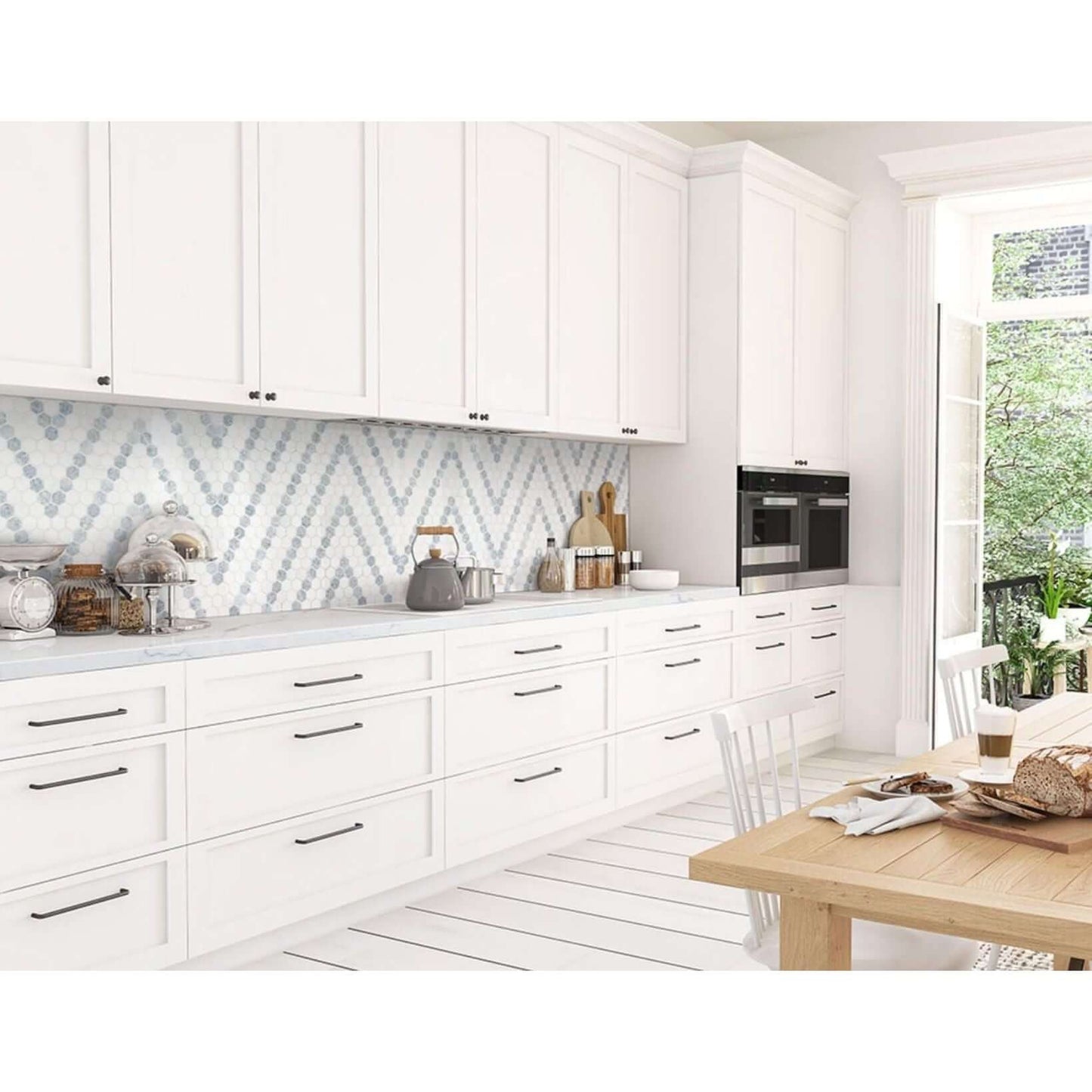 1” Azula Sazi Polished Hexagon Mosaic, Thassos White + Blue Azul - Hey Tiles