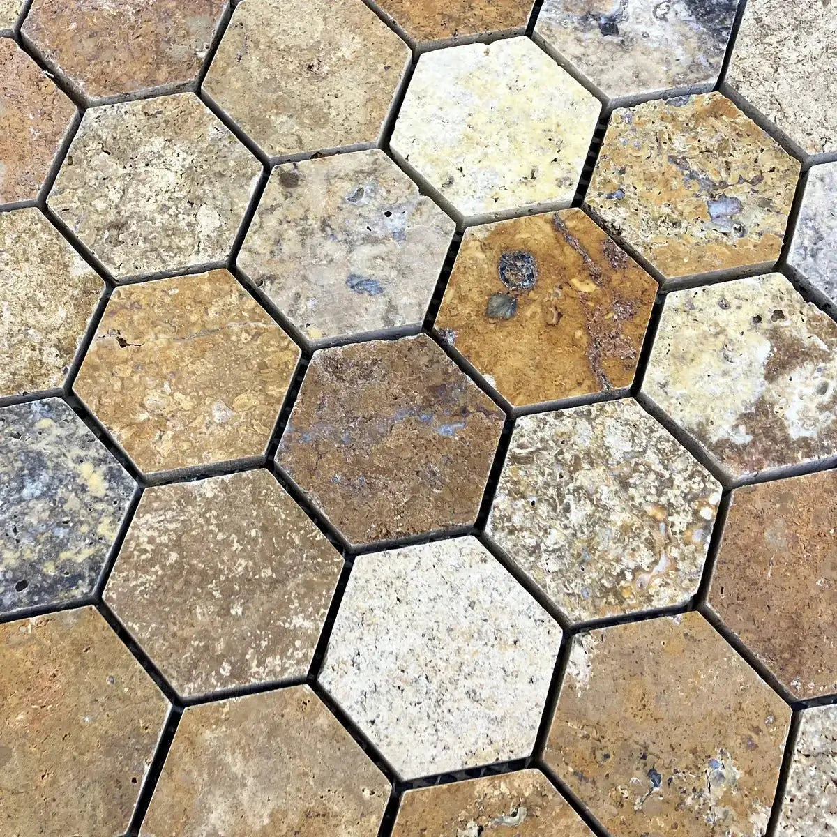 2” Scabos Travertine Hexagon Mosaic Honed - Hey Tiles
