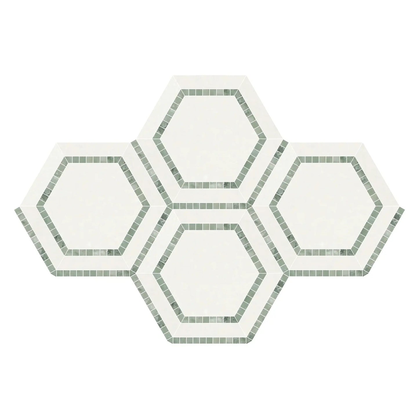 5” Thassos White (Greek) Marble + Ming Green Hexagon Combination Mosaic Tile - Hey Tiles