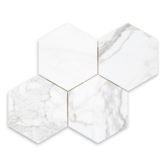 6” Calacatta Gold Hexagon Mosaic Tile 3/8 - Hey Tiles