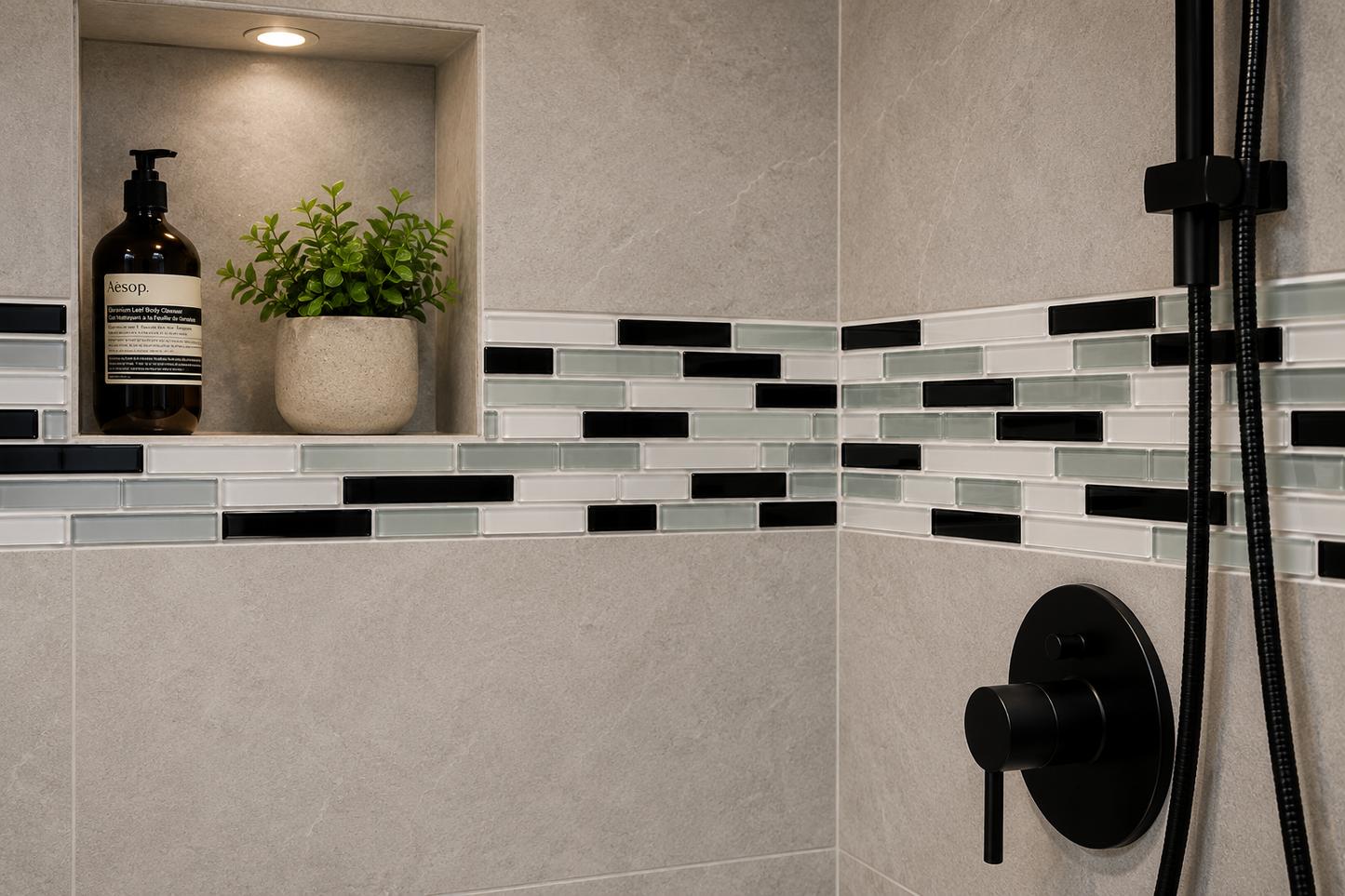 Fujiwa Lombo Series: 1/2" x 3-1/4" White-Gray-Black Glossy Porcelain Pencil Mosaic Tile