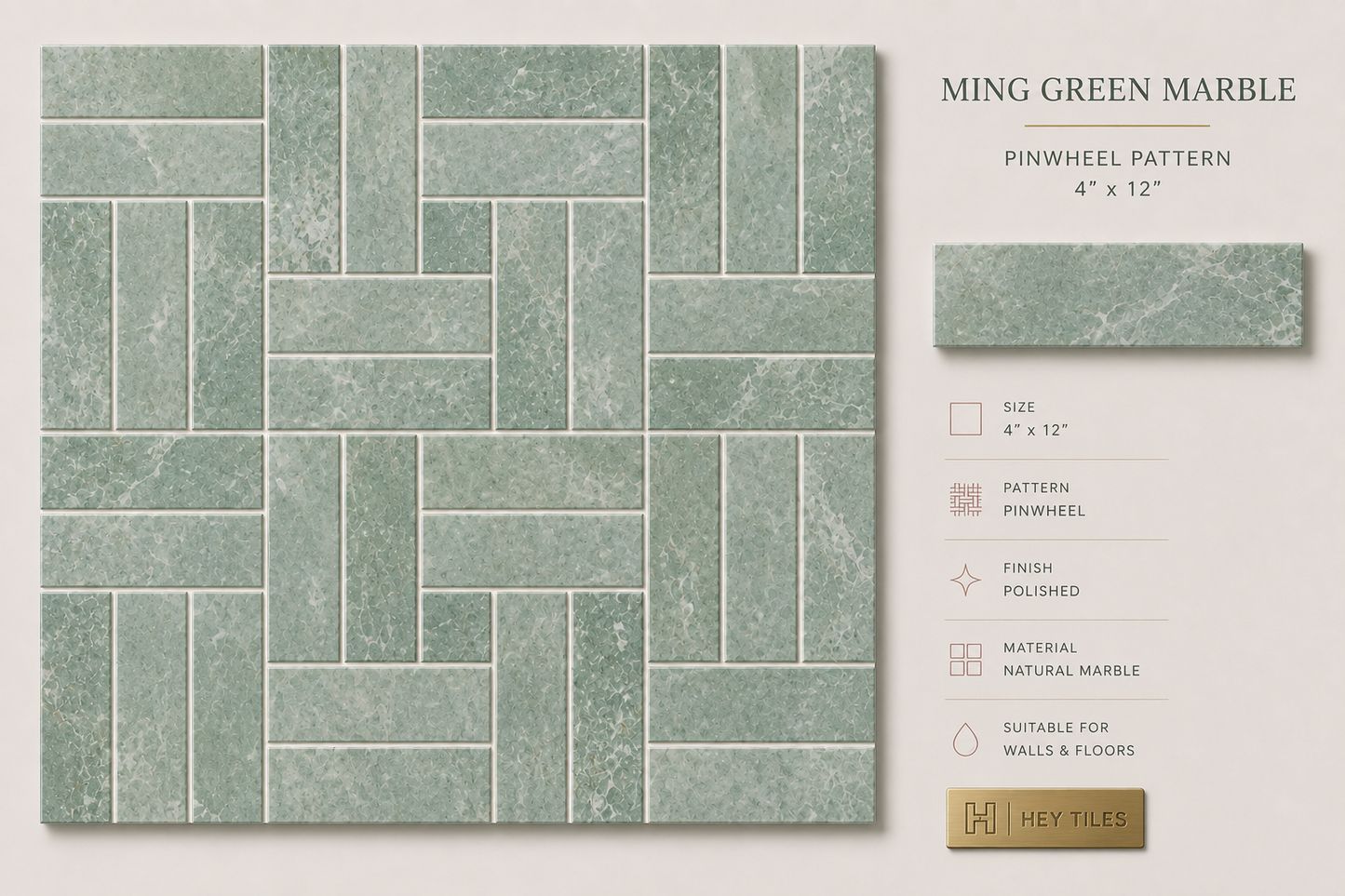 4x12 Ming Green Classico Marble Tile, 3/8