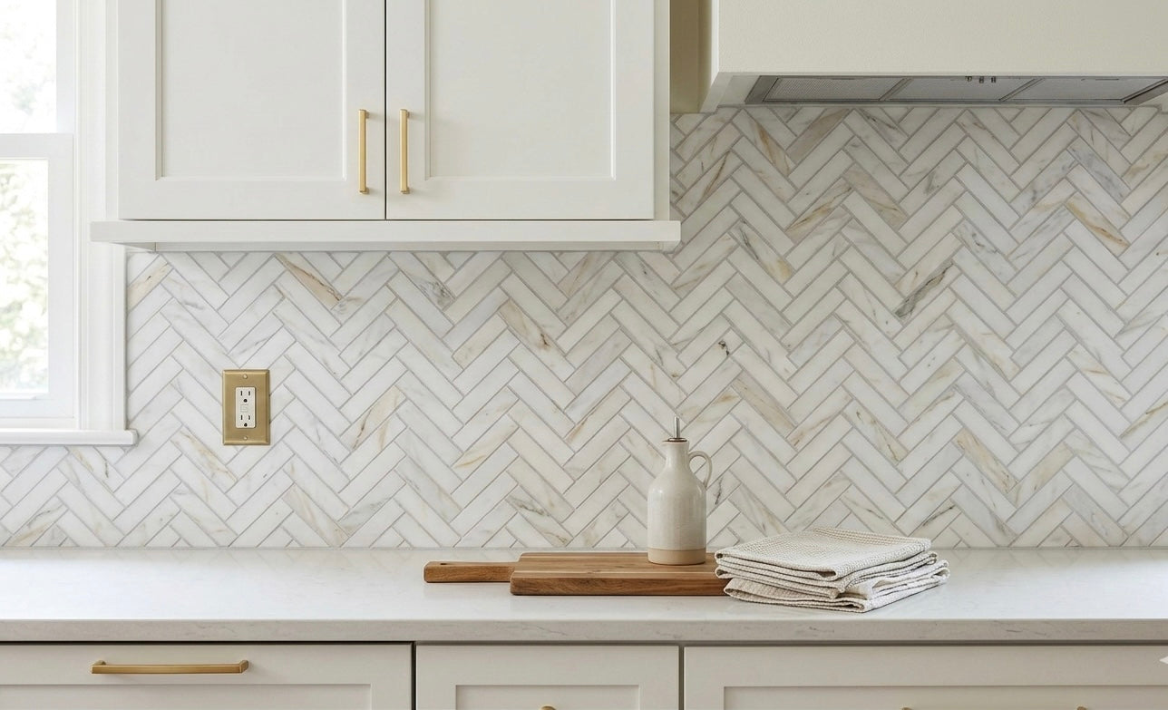 1x4 Calacatta Gold Marble Herringbone Mosaic, Italian Marble