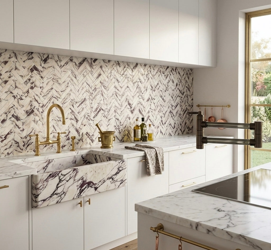1x4 Calacatta Violet Purple Honed Herringbone Marble Mosaic