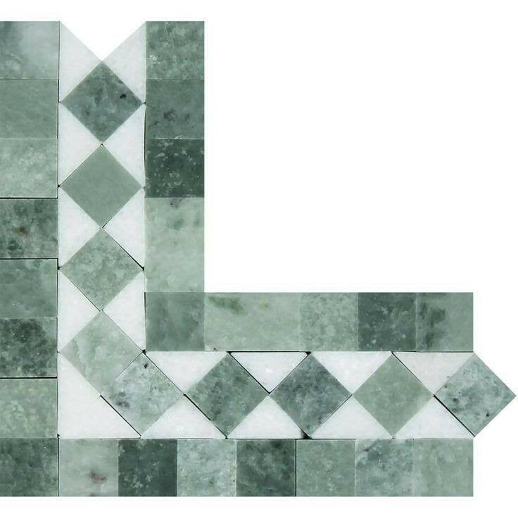 Thassos White & Ming Green Dot 4-3/4" x 2" Polished Marble Bias Border Corner