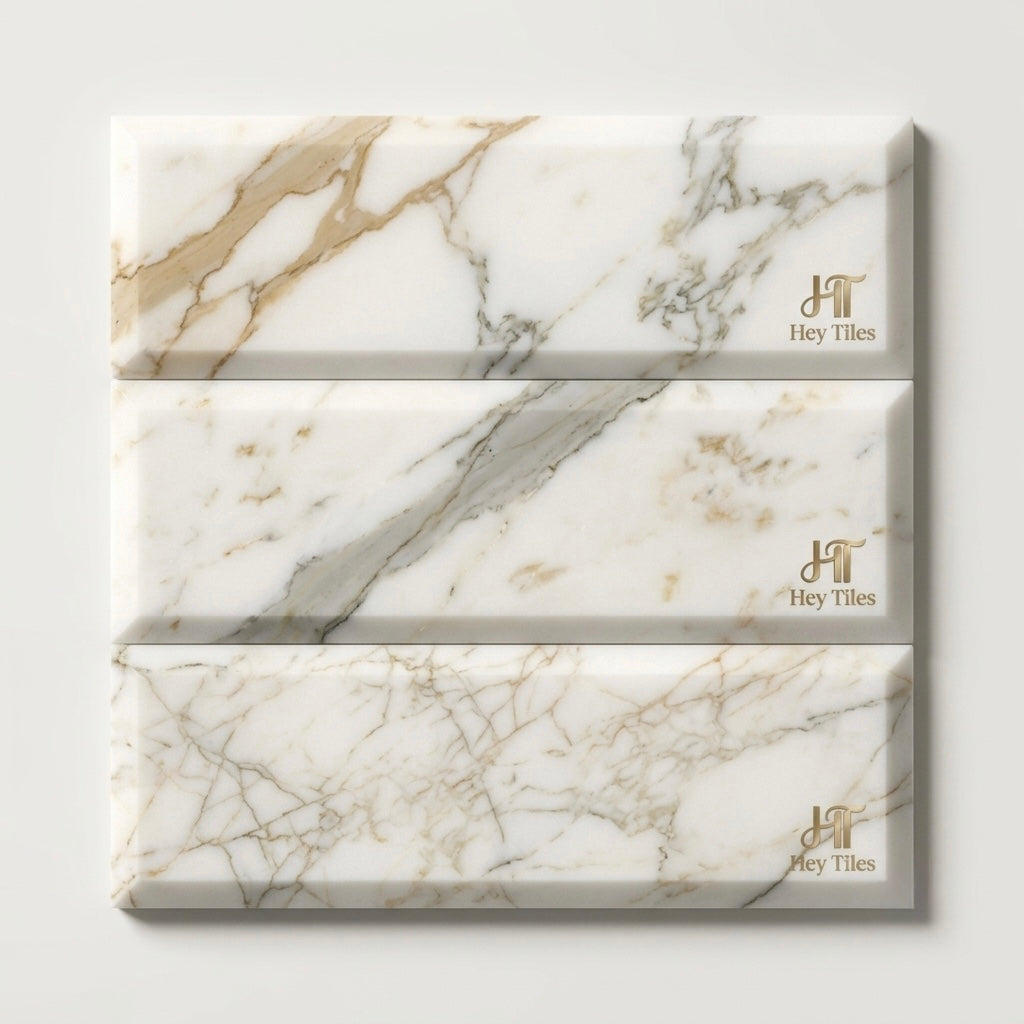 Tuscan Calacatta Gold 4" x 12" Deep Beveled Polished Italian Marble Subway Tile