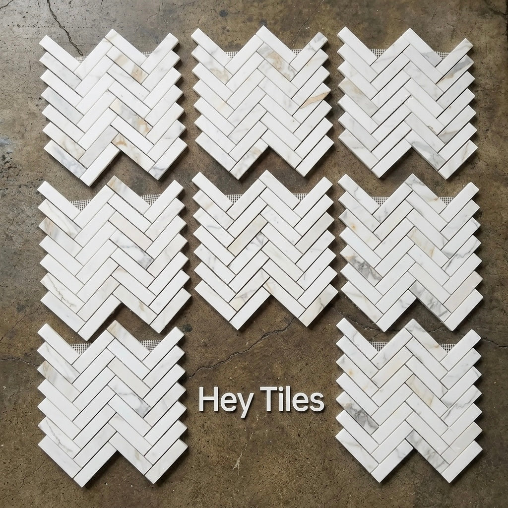 1x4 Calacatta Gold Marble Herringbone Mosaic, Italian Marble