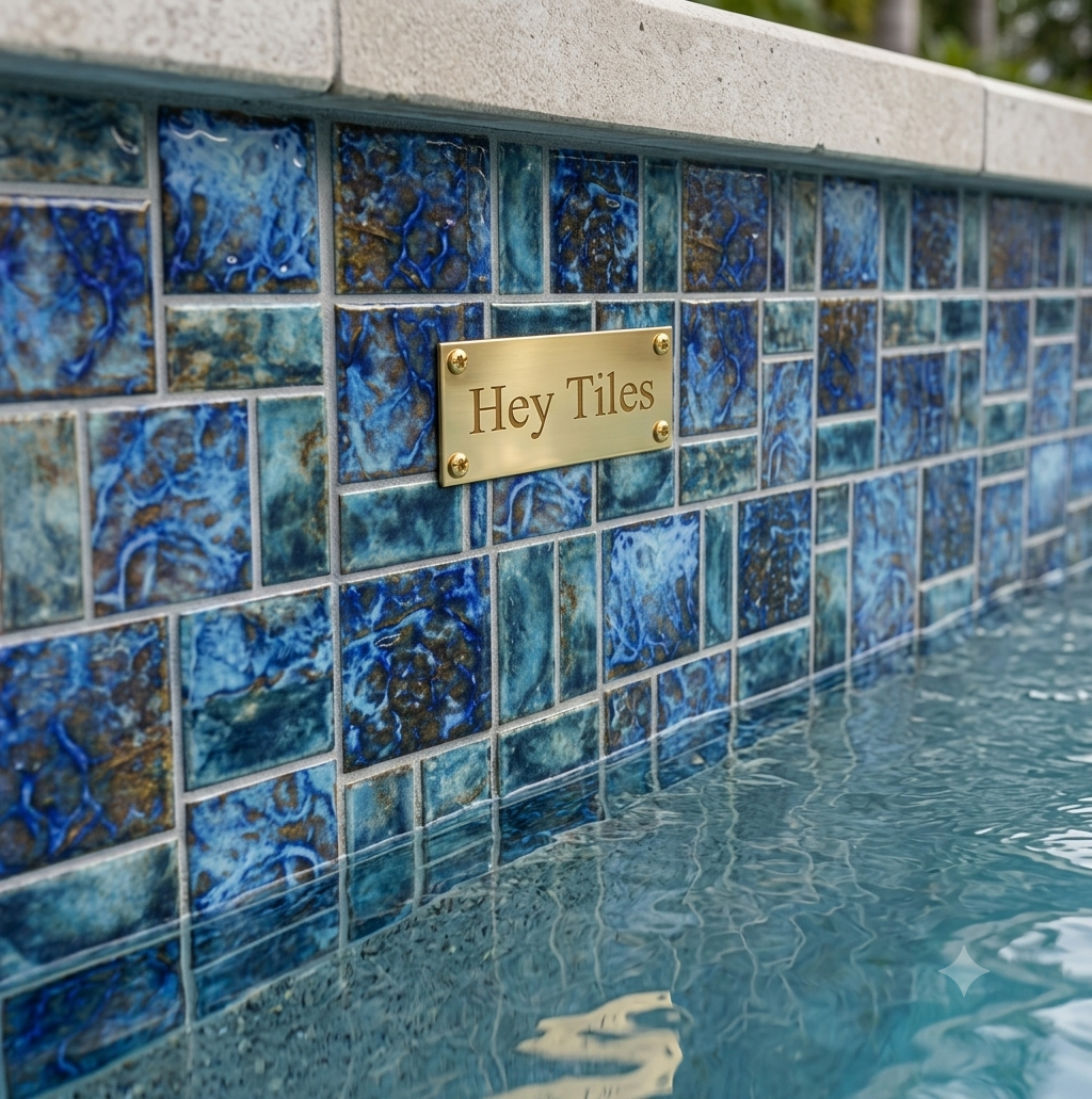 Fujiwa Legacy Series: Blue Blend Glazed Porcelain Random Block Mosaic Pool Tile