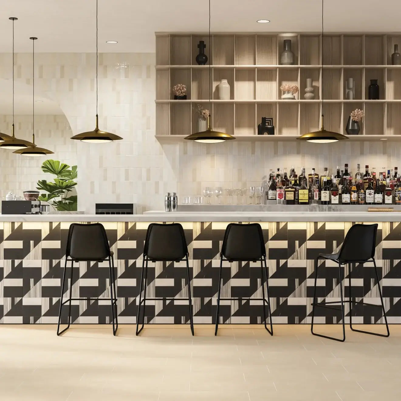 Stylish bar area featuring modern black chairs, geometric tiled wall, and warm lighting for an inviting atmosphere.