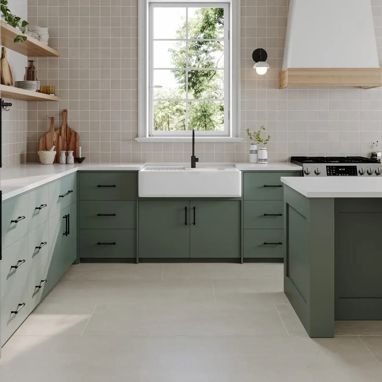 Modern kitchen featuring a farmhouse sink, green cabinetry, and elegant tile backsplash, showcasing a warm and inviting design.