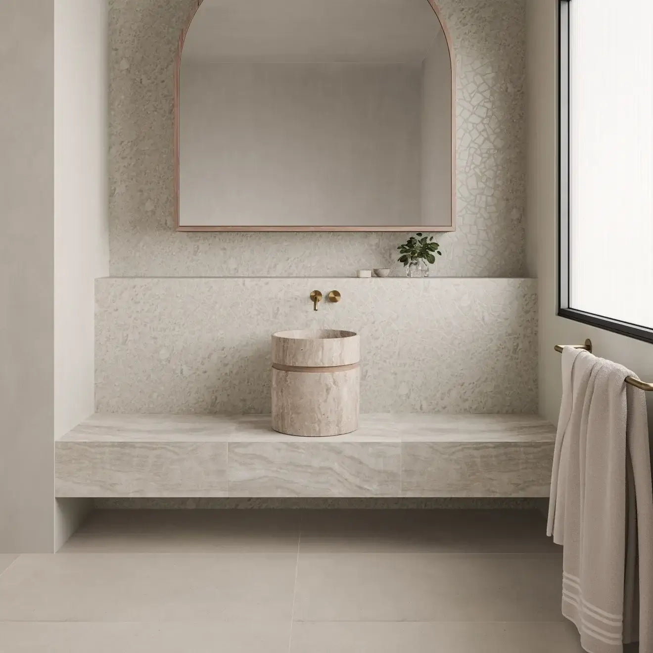 Elegant bathroom featuring Thaddeus Pearl matte porcelain tile, sleek basin, and modern mirror design.