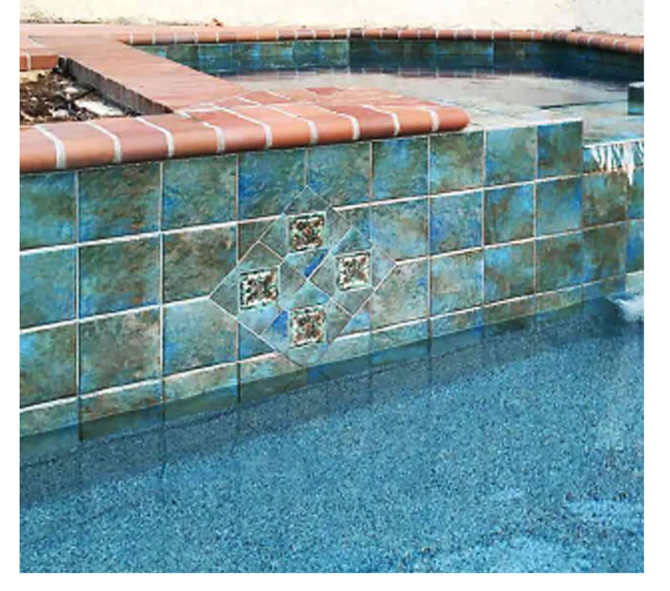 Fujiwa Joya Albi 6x6 semi-gloss porcelain tiles in a pool setting, showcasing rich blue hues and elegant design.