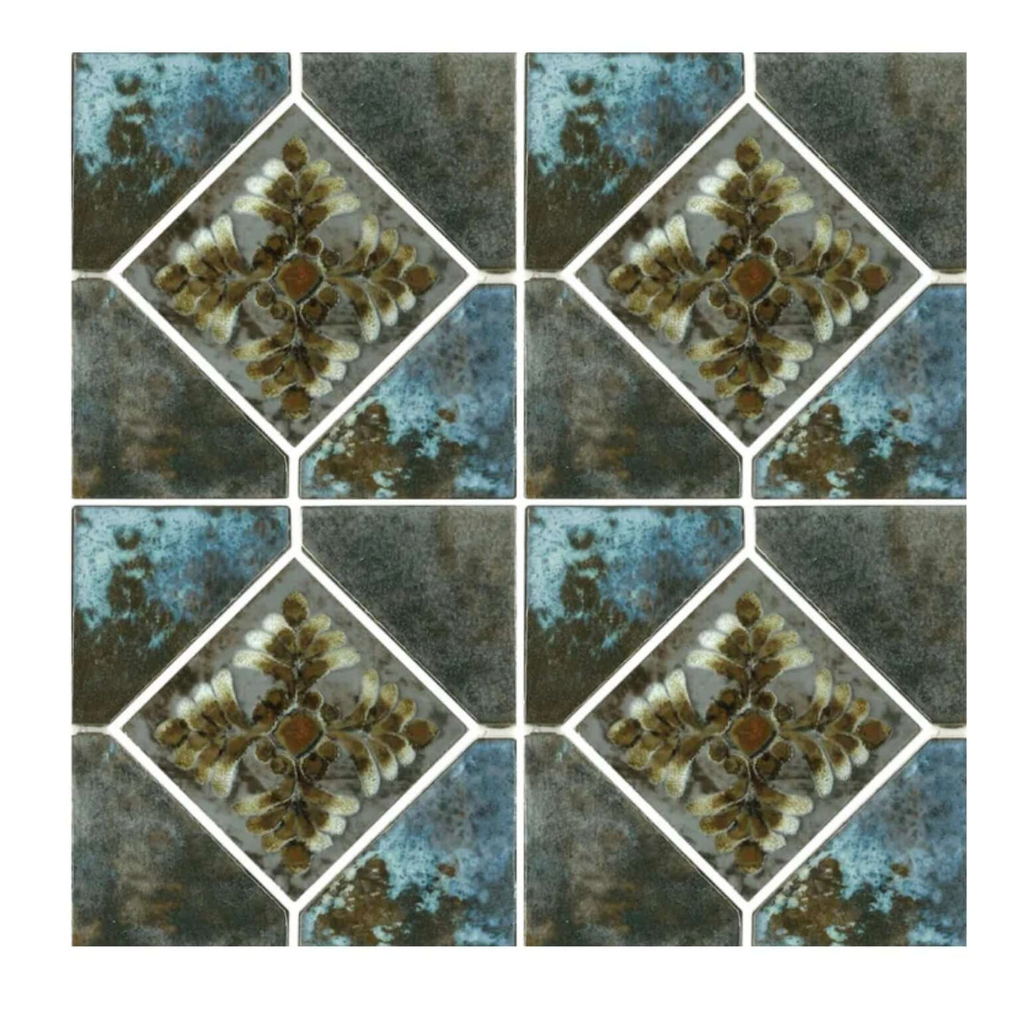 Fujiwa Joya 6" Deco Series semi glossy porcelain tile with decorative floral pattern, pool rated, in earthy tones.