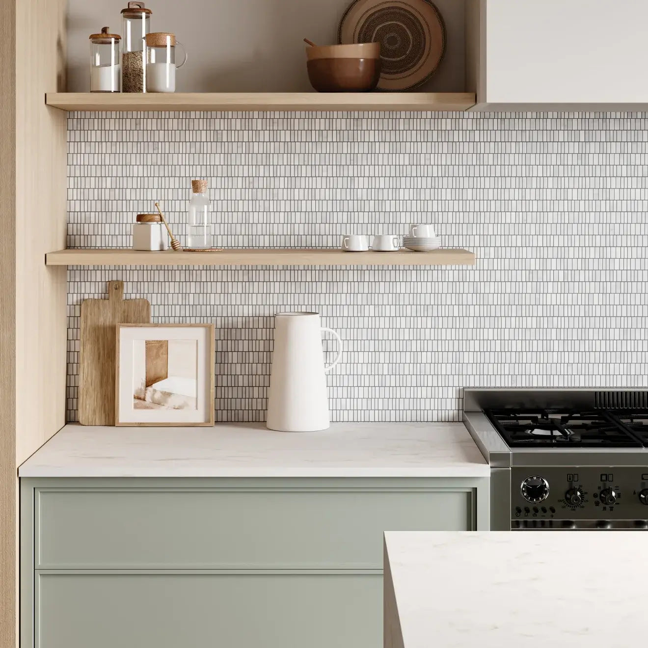 Modern kitchen with a marble mosaic backsplash, wooden shelves, and minimalist decor showcasing refined elegance.