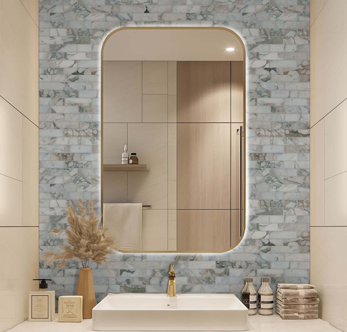 Elegant bathroom featuring 2x6 Calacatta Green Marble Honed Mosaic Tile with modern decor and stylish mirror.