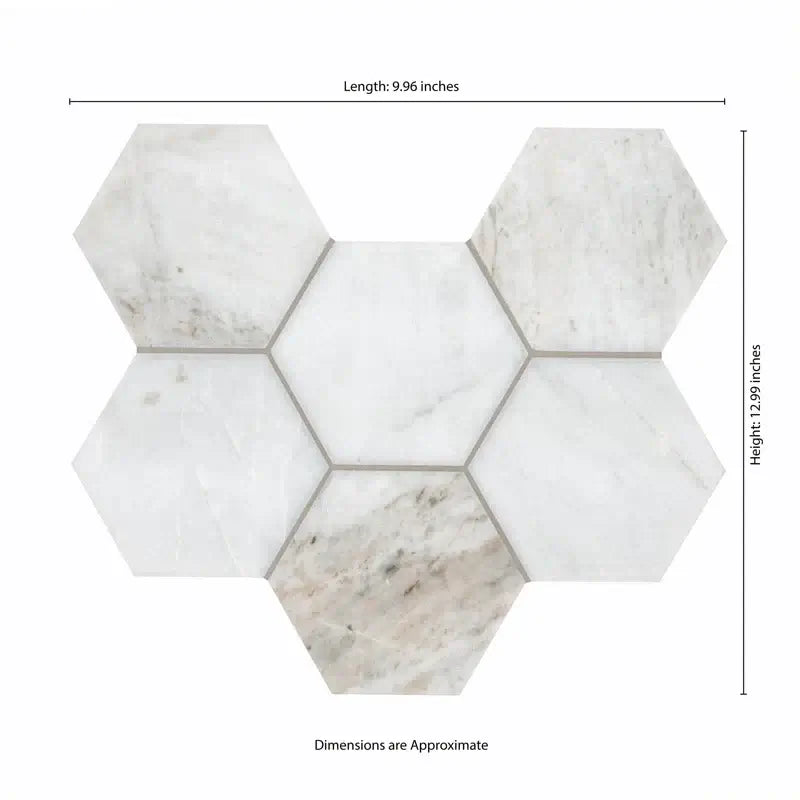 5” Arabescato Venato White Hexagon 10" X 13" Honed Marble Mosaic Floor And Wall Tile