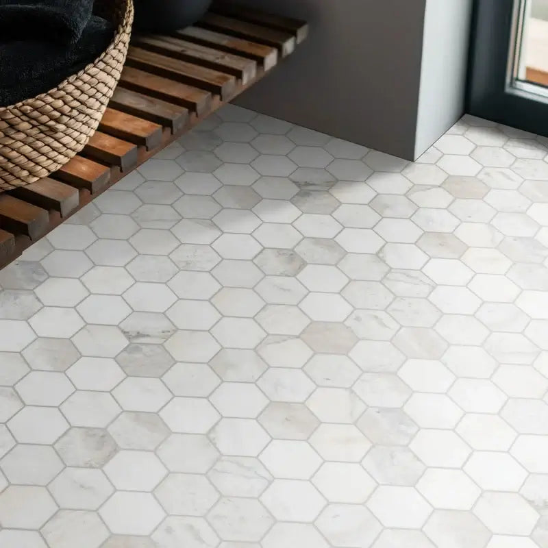5” Arabescato Venato White Hexagon 10" X 13" Honed Marble Mosaic Floor And Wall Tile