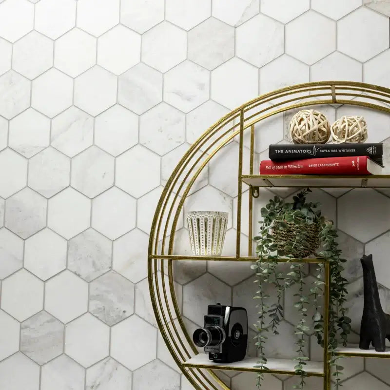 5” Arabescato Venato White Hexagon 10" X 13" Honed Marble Mosaic Floor And Wall Tile