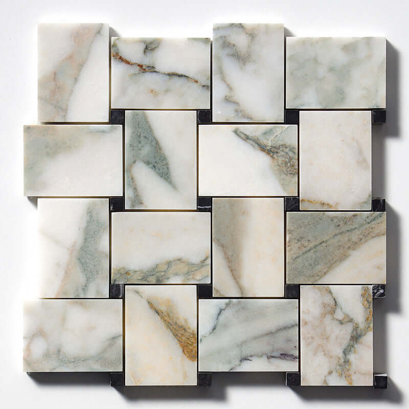 Jumbo Calaverde Calacatta Green Honed Basketweave Marble Mosaic 10 5/8 " x 10 5/8 " x 3/8 "