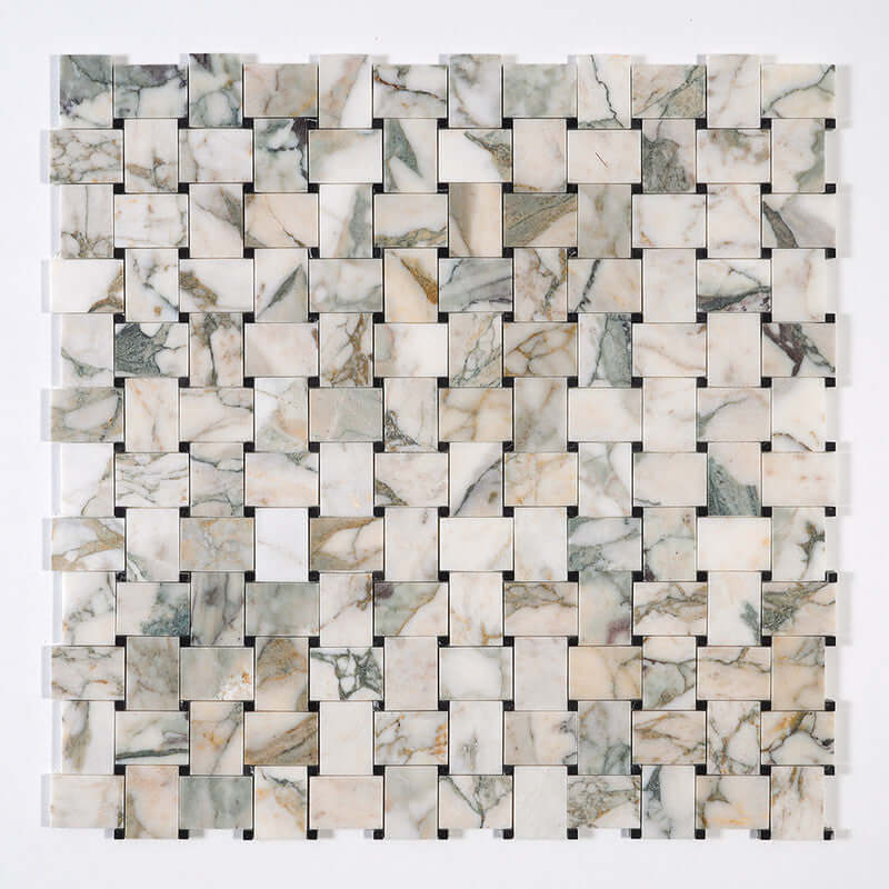 Jumbo Calaverde Calacatta Green Honed Basketweave Marble Mosaic 10 5/8 " x 10 5/8 " x 3/8 "