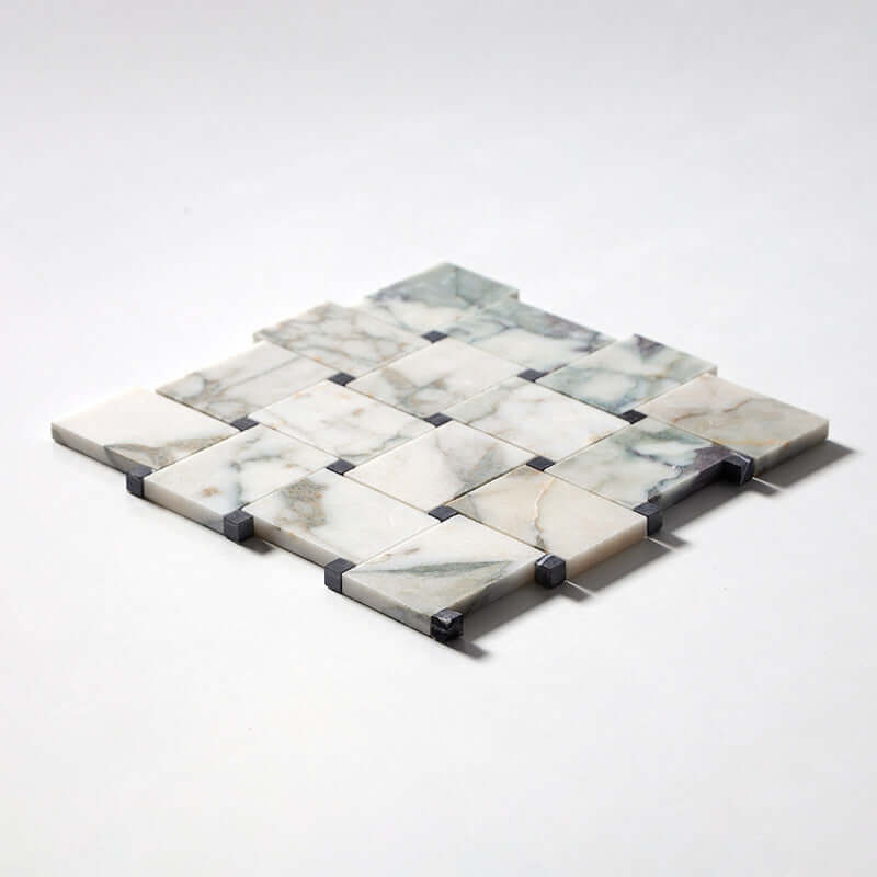 Jumbo Calaverde Calacatta Green Honed Basketweave Marble Mosaic 10 5/8 " x 10 5/8 " x 3/8 "