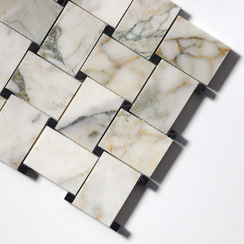 Jumbo Calaverde Calacatta Green Honed Basketweave Marble Mosaic 10 5/8 " x 10 5/8 " x 3/8 "