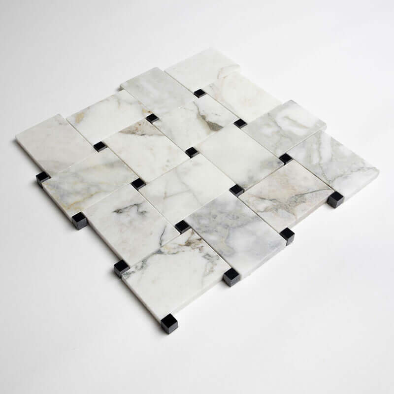 Jumbo Calaverde Calacatta Green Honed Basketweave Marble Mosaic 10 5/8 " x 10 5/8 " x 3/8 "