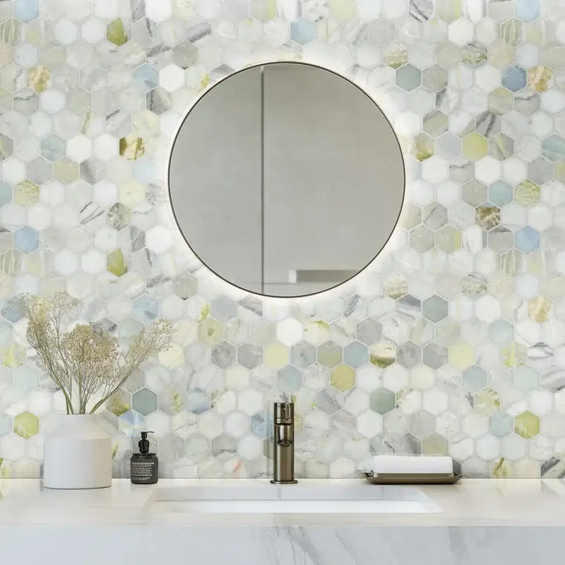 Cloudland hexagon polished marble mosaic tile wall with round mirror, showcasing luxury interior design.