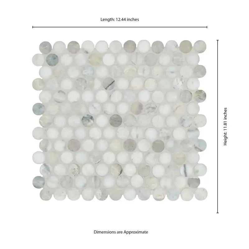 Cloudland 12" x 12" polished marble mosaic tile featuring a round pattern in a cool white color with natural veining.