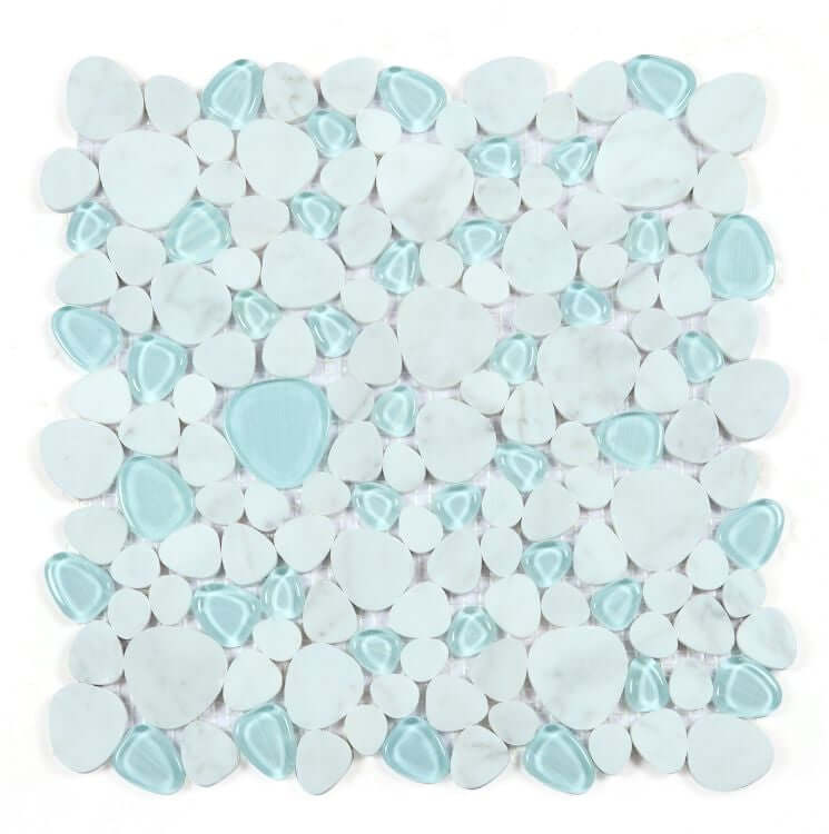 Peach Carrara Blue 12x12 tile showcasing white marble with vibrant blue glass pieces for elegant interior design.