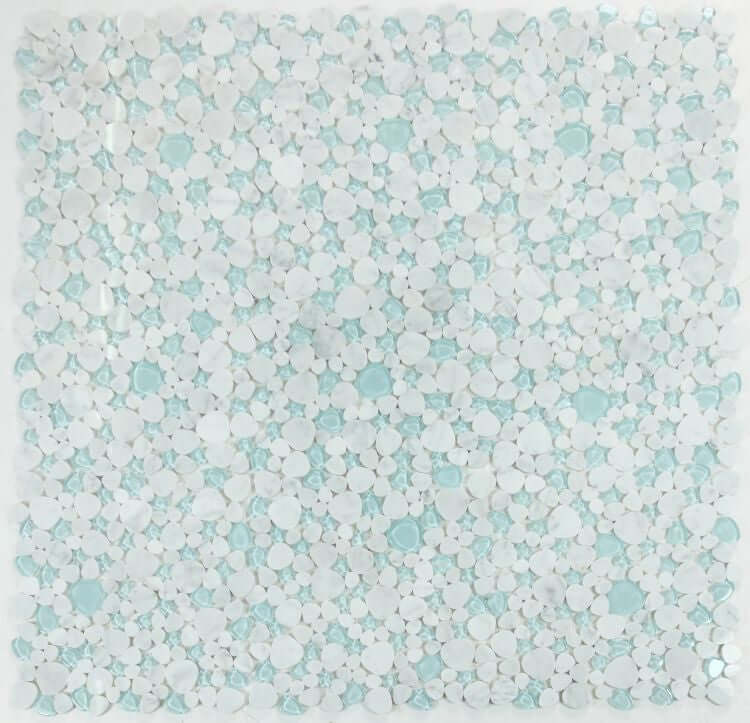 Peach Carrara Blue 12x12 tile featuring a blend of blue glass and white marble, ideal for stylish interior design.