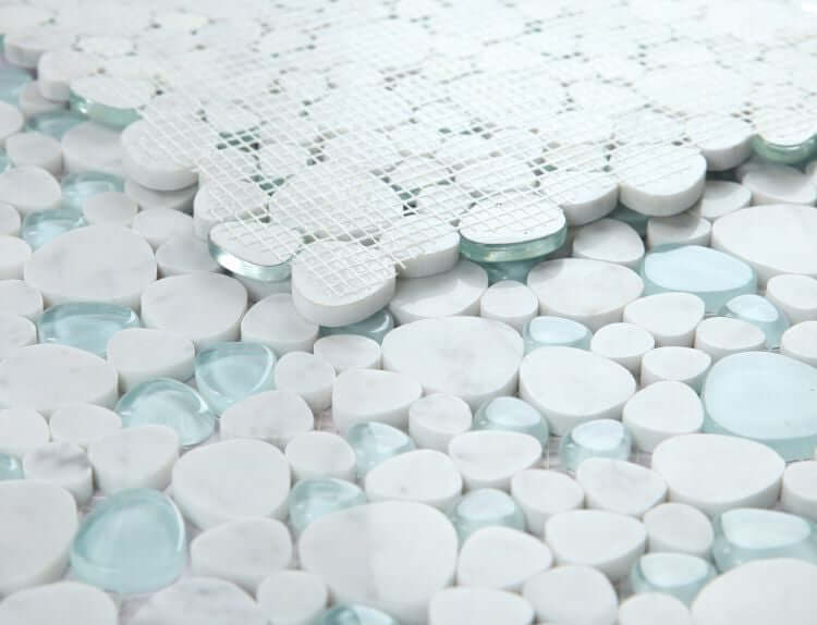 Peach Carrara Blue 12x12 tile featuring a blend of white marble and vibrant blue glass for elegant interior designs.