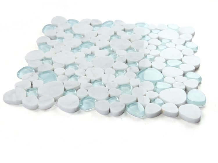 Peach Carrara Blue 12x12 tile, featuring unique white and blue glass pebble design for modern interior decor.