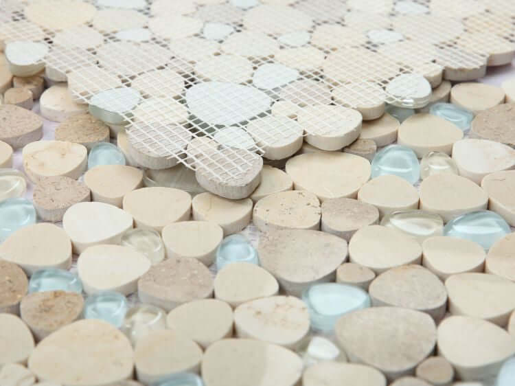 Peach Blue Roma 12x12 mosaic tile featuring warm peach tones and cool glass accents for a unique interior design.