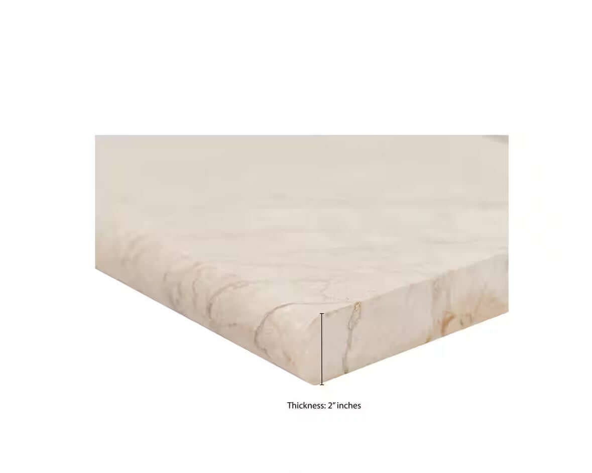 Aegean Pearl marble coping corner detail showing 2-inch thickness and elegant beige surface.