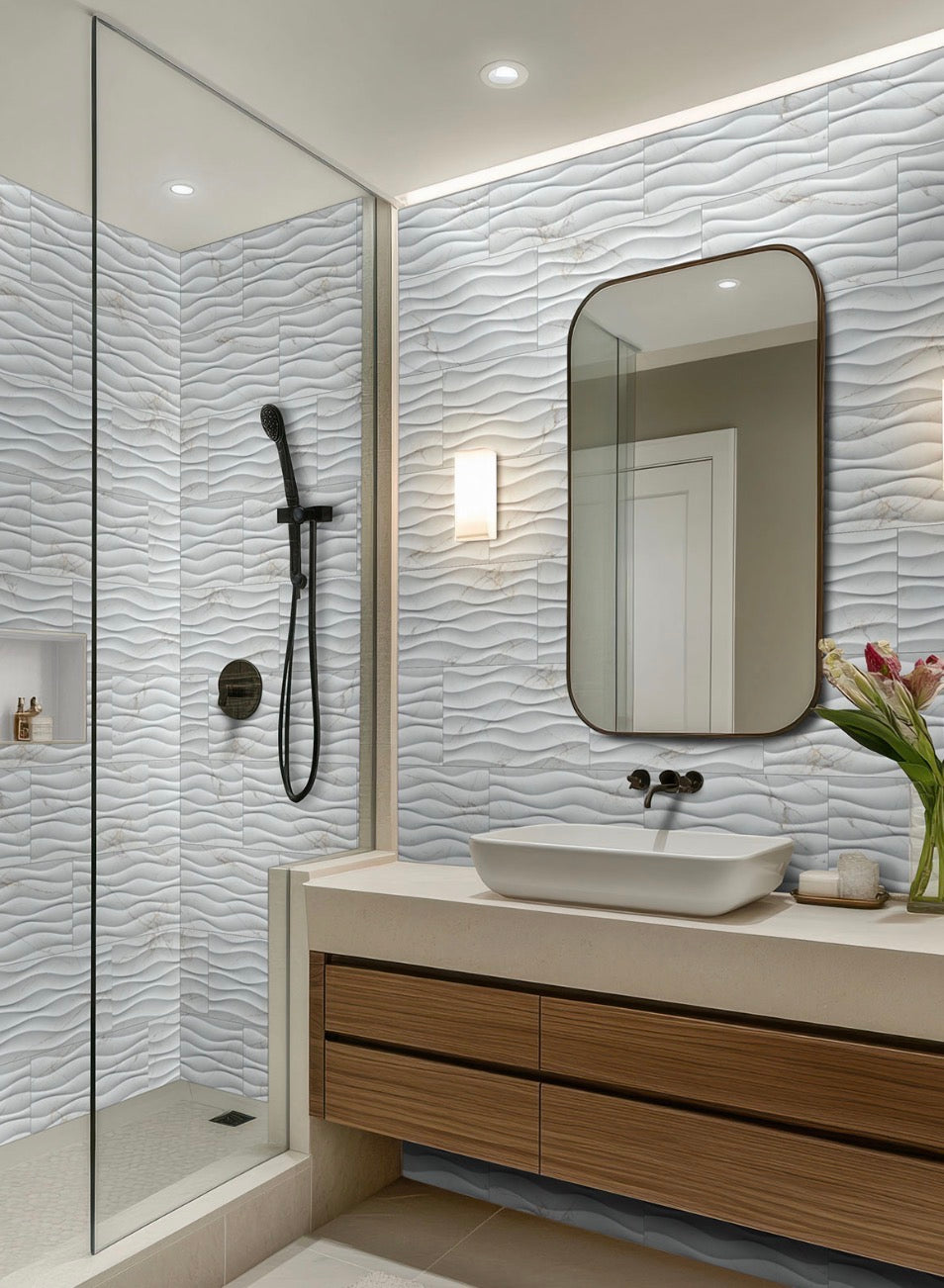 Dymo Calacatta Wavy White Glossy Ceramic 3D Patterned Tile 12x24 Wall Only