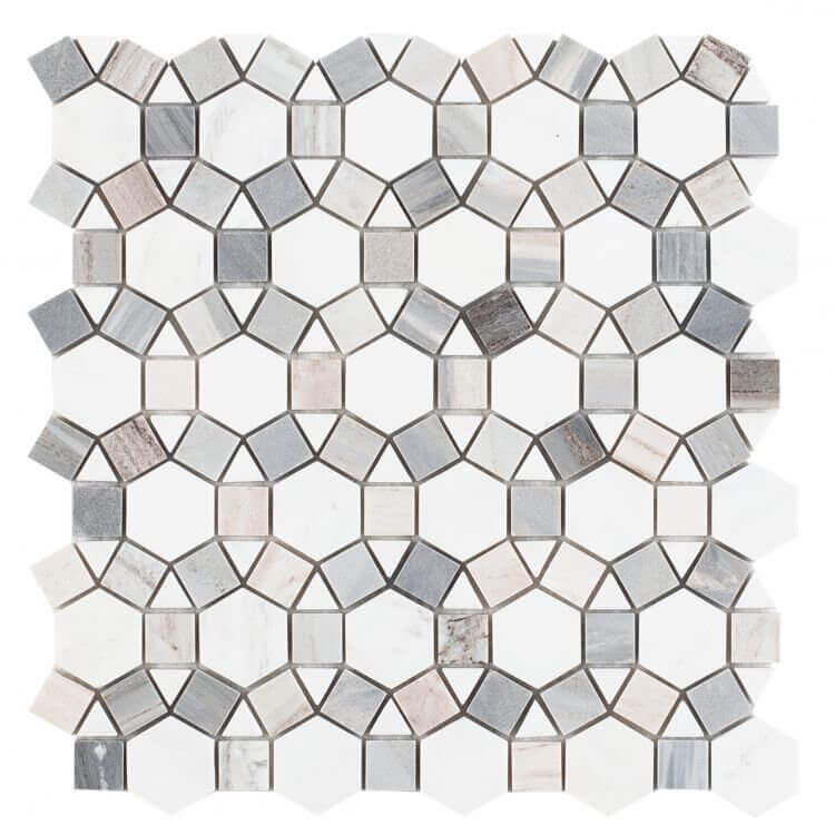 Aether Blue circular mosaic tile featuring White Carrara and Blue Palissandro marble in a sophisticated pattern.