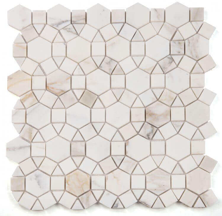 Aether Calacatta mosaic 11.5x12 featuring hexagons and squares in a captivating circular pattern of elegant marble.