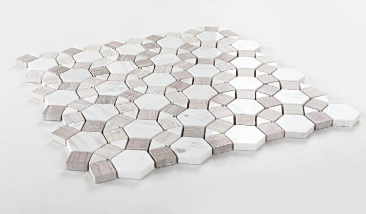 Hexagonal mosaic tile featuring White Volakas Marble and Haisa Marble in a modern design, perfect for stylish spaces.