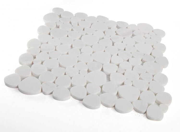 Aphrodite Dolomite honed mosaic tiles in heart shapes, pure white finish, 12 x 12 size, showcasing durable dolomite marble.