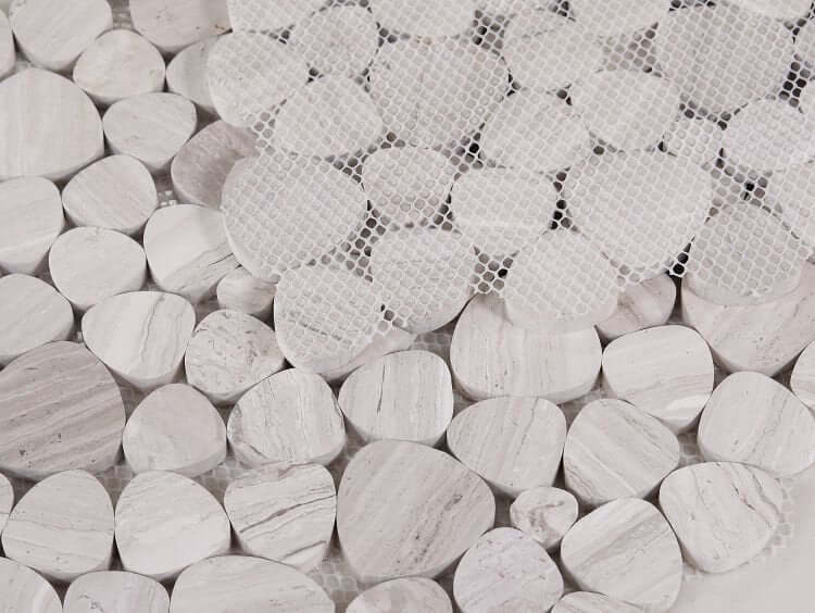 Aphrodite Collection Haisa Grey Marble Mosaics in heart-shaped tiles, showcasing refined elegance and luxurious texture.