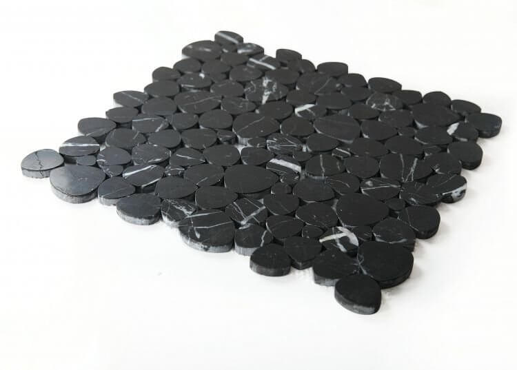 Aphrodite Marquina honed black marble mosaics arranged in a heart shape for modern decor.