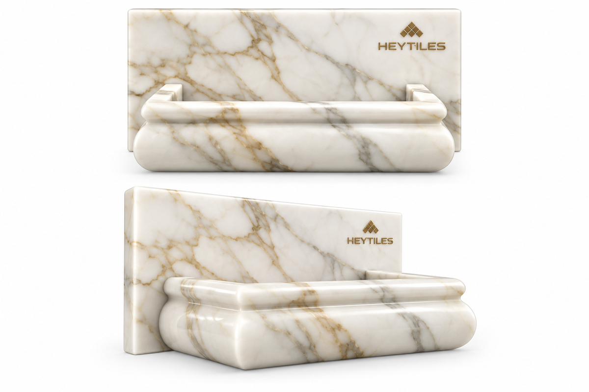 AI-generated Calacatta Gold soap holder concept, HeyTiles brass logo