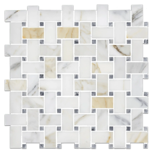 Calacatta Gold Marble Basketweave Mosaic Tile W/ Blue - gray Dots - Hey Tiles
