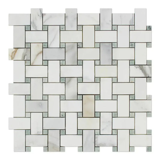 Calacatta Gold Marble + Icelandic Green Dots Basketweave Mosaic - Hey Tiles