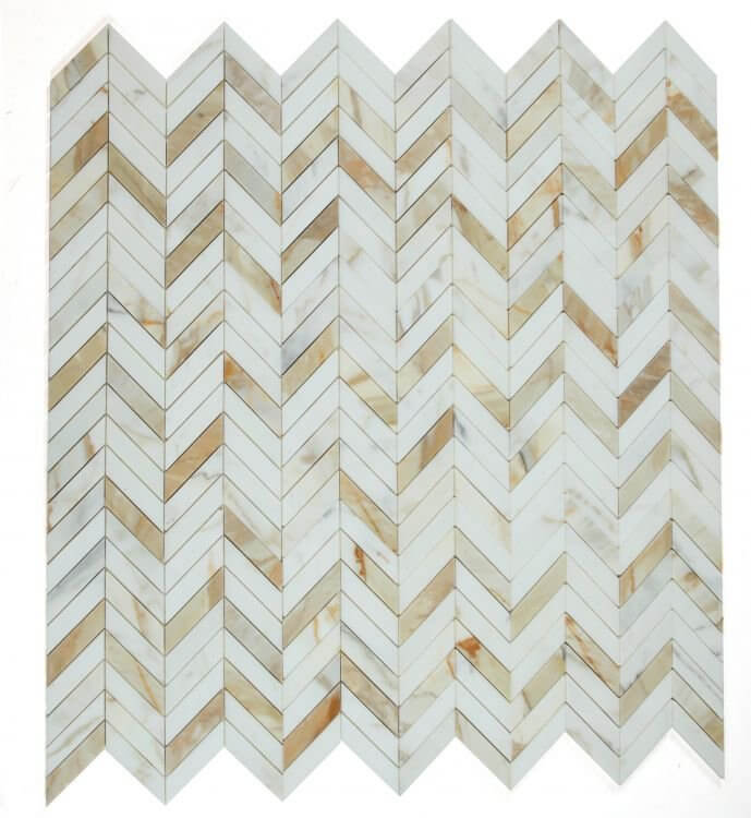 Chevron Calacatta Gold honed marble mosaic tile, elegant white and gold pattern, 11 x 11 inches design.
