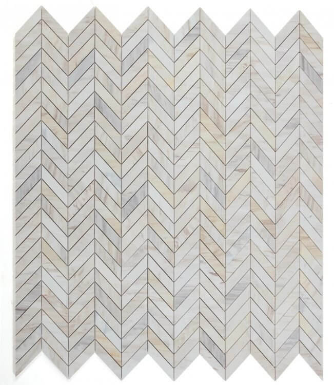 Chevron Eurasian 11x11 marble mosaic tile in polished grey and beige finish, ideal for elegant flooring and walls.