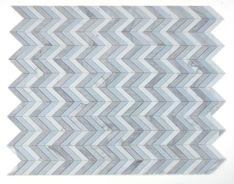 Chevron Vivid Blue Marble Mosaic Tile in Carrara White and Bardiglio Gray, size 10.75 x 12.25 inches