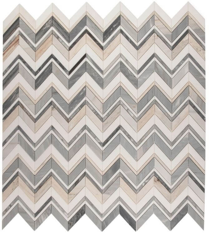 Chevron Blue Marble Mosaic 11.75x12.25 featuring white Thassos and Palissandro Blue marble in a stylish chevron pattern.