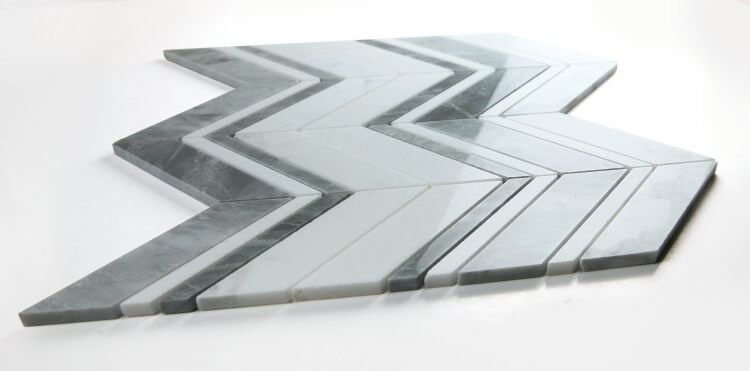 Chevron Ravenna Grey marble mosaic, 11.75x12.25, featuring a polished chevron design for elegant interiors.